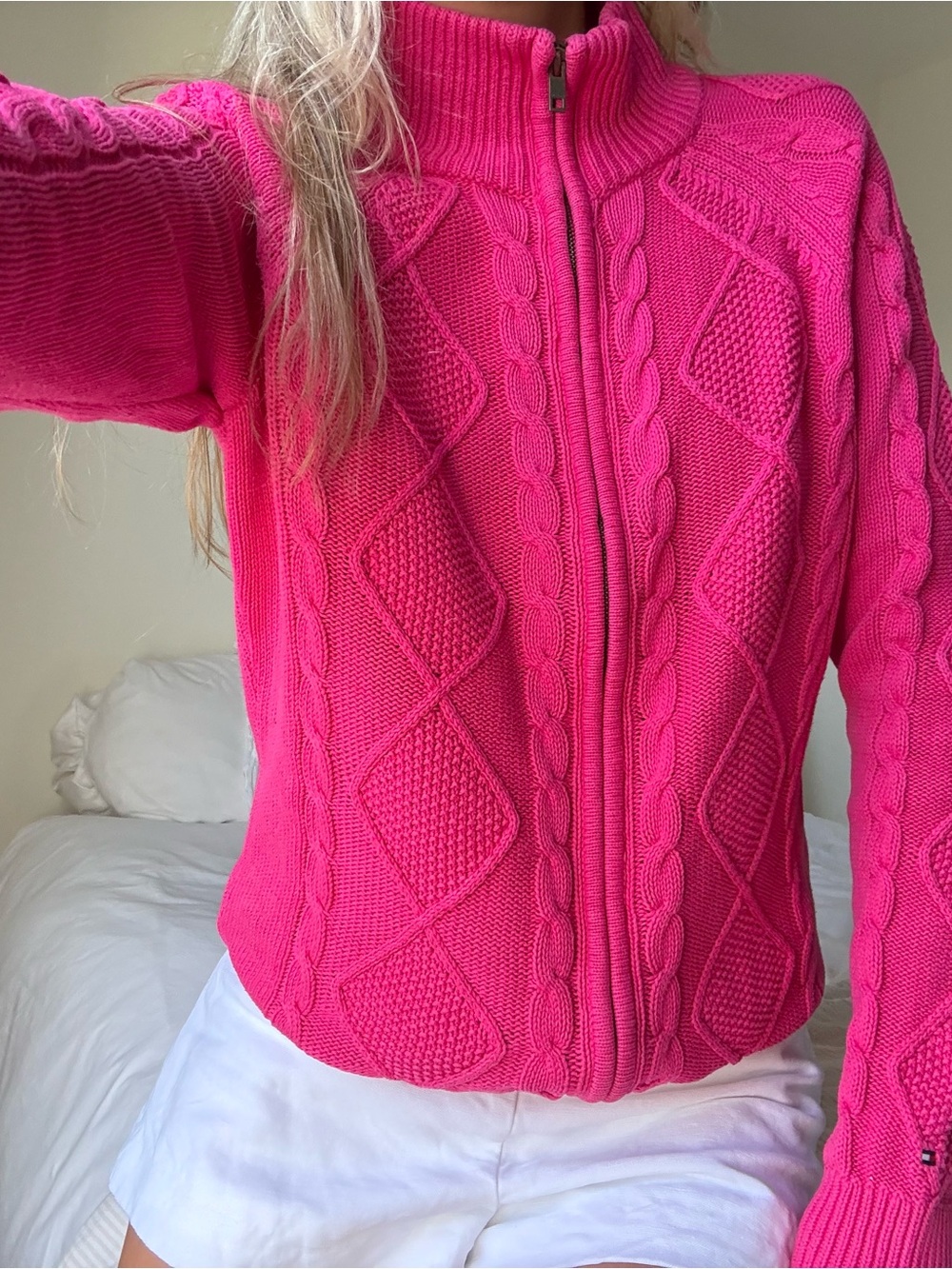 Tommy Hilfiger Hot Pink Zip-Up Cable Knit Sweater